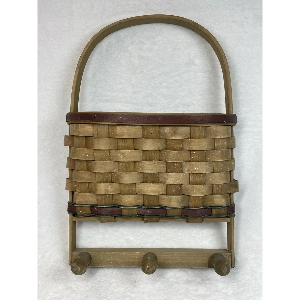 Vintage Woven Wall Pocket Basket Key Holder Farmhouse Peg Rack